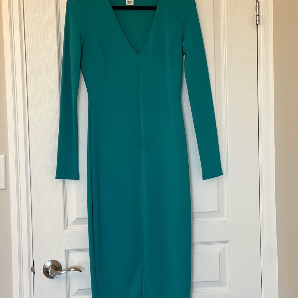 Teal V Neck Bodycon dress - Midi Legnth - Size Large